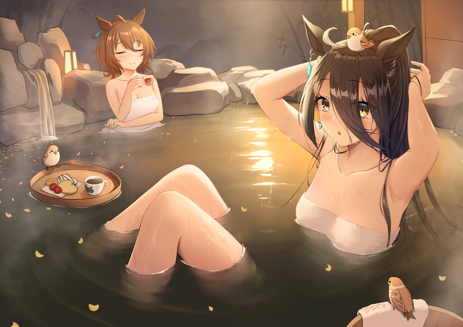 agnes_tachyon_(umamusume) animal_ears fritz614 manhattan_cafe_(umamusume) onsen towel uma_musume_pretty_derby wet