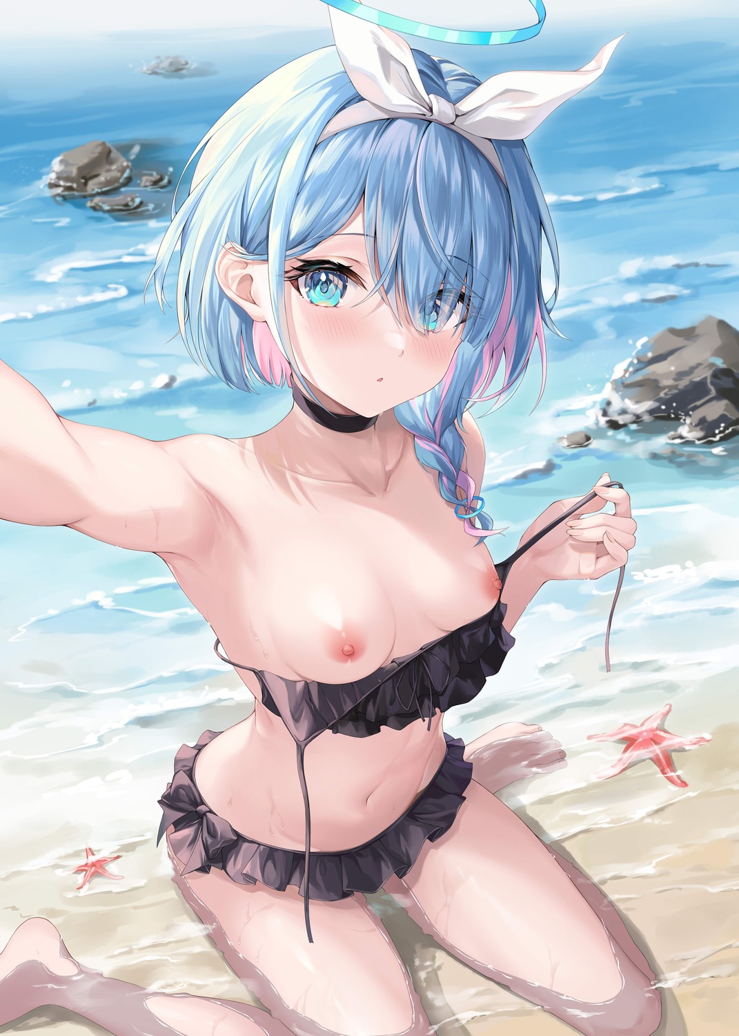 arona_(blue_archive) bikini blue_archive breasts halo nipples selfie shiduki_ruri swimsuits undressing wet