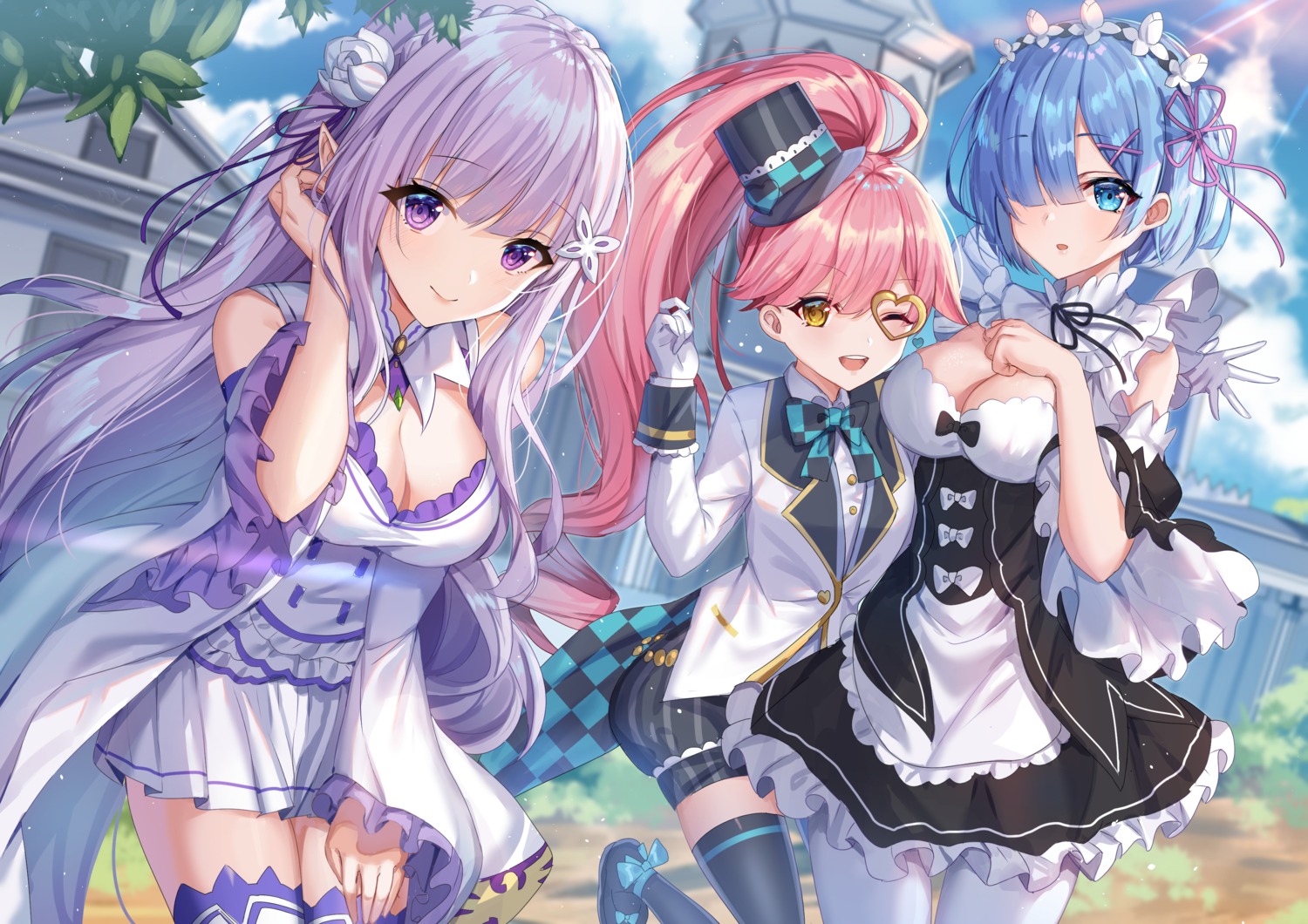 #compass breast_hold cleavage crossover dress elf emilia_(re_zero) maid pointy_ears re_zero_kara_hajimeru_isekai_seikatsu rem_(re_zero) shanguier thighhighs