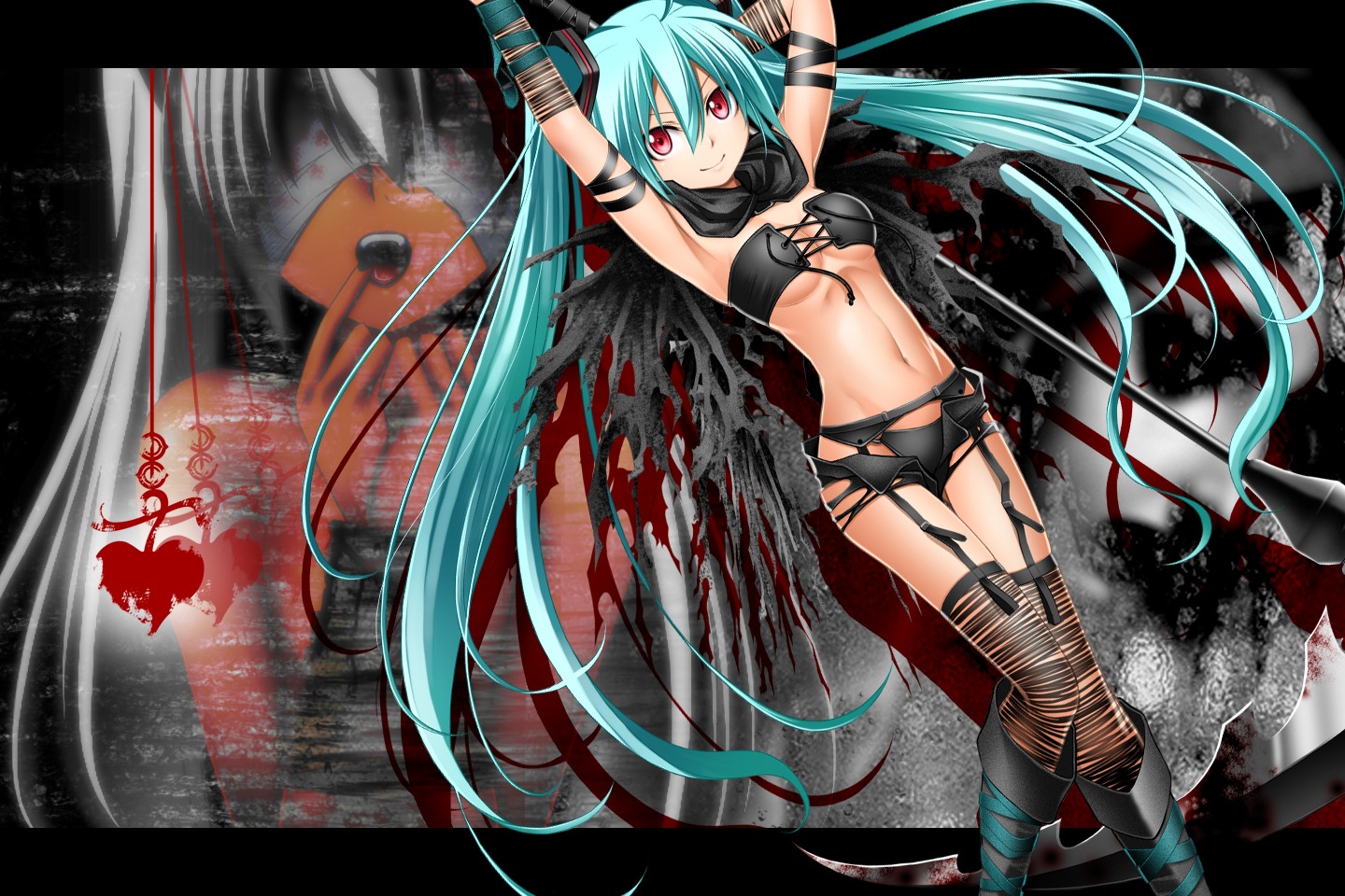 bandages blood garter_belt hatsune_miku kuromayu pantsu stockings thighhighs torn_clothes underboob vocaloid