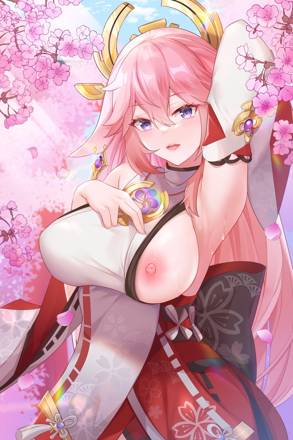 animal_ears breasts genshin_impact japanese_clothes kitsune lingshalan nipples no_bra wet yae_miko