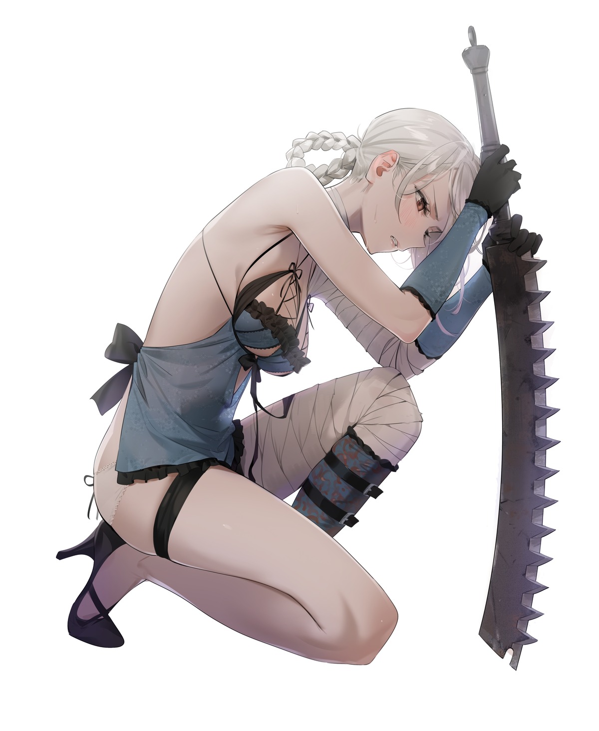 bandages garter heels kaine_(nier) lingerie nier nier_replicant no_bra pantsu weapon yd_(orange_maru)