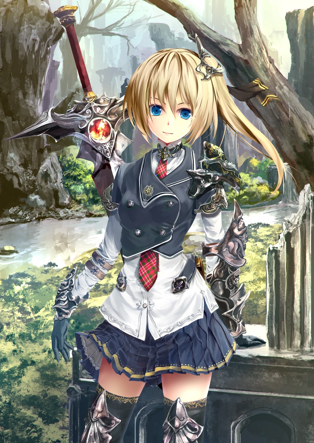 armor kouji_(astral_reverie) seifuku sword thighhighs