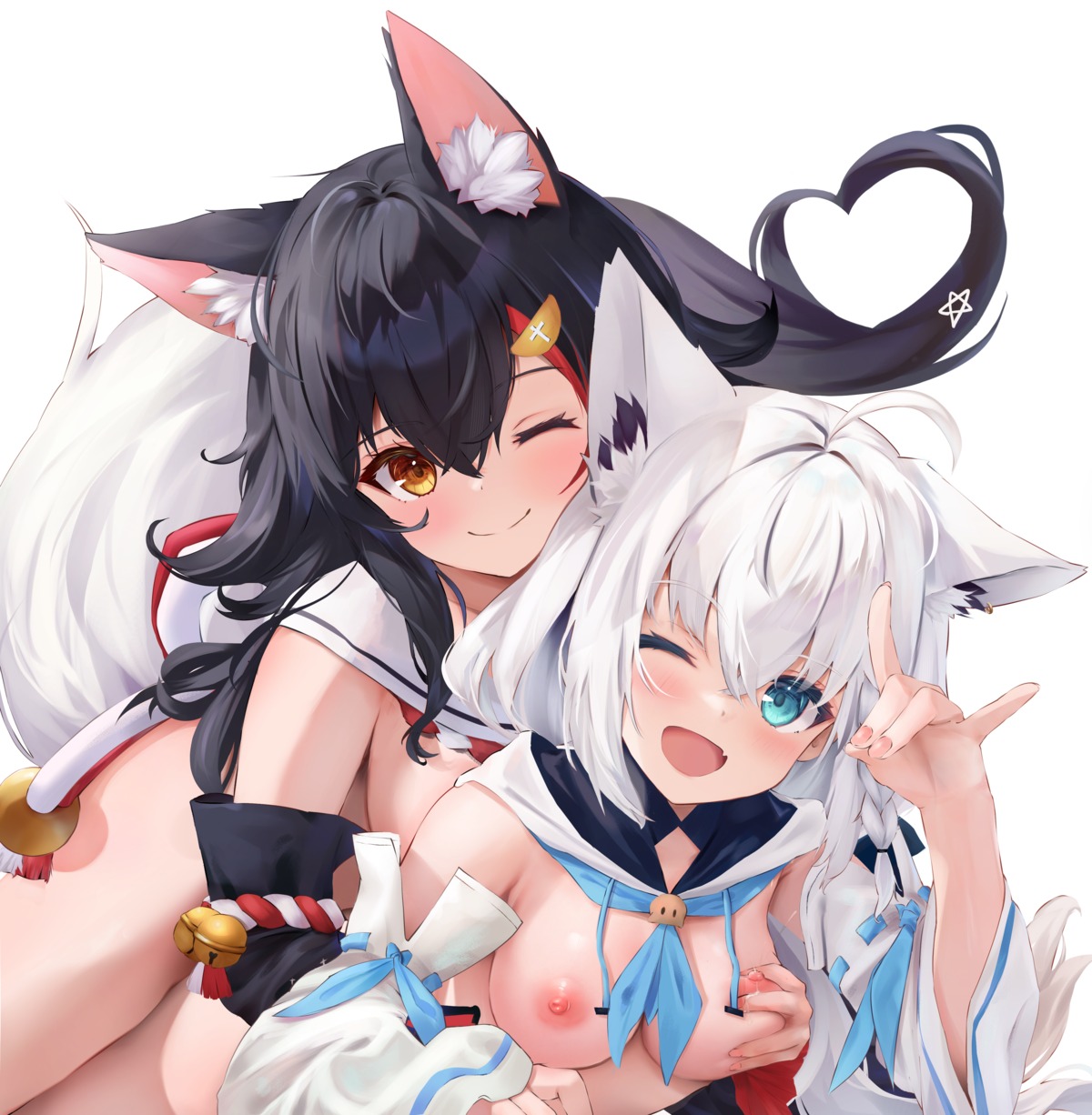 animal_ears breast_grab breasts hololive hololive_gamers japanese_clothes kitsune nipples no_bra ookami_mio shirakami_fubuki tail uechin_ewokaku yuri