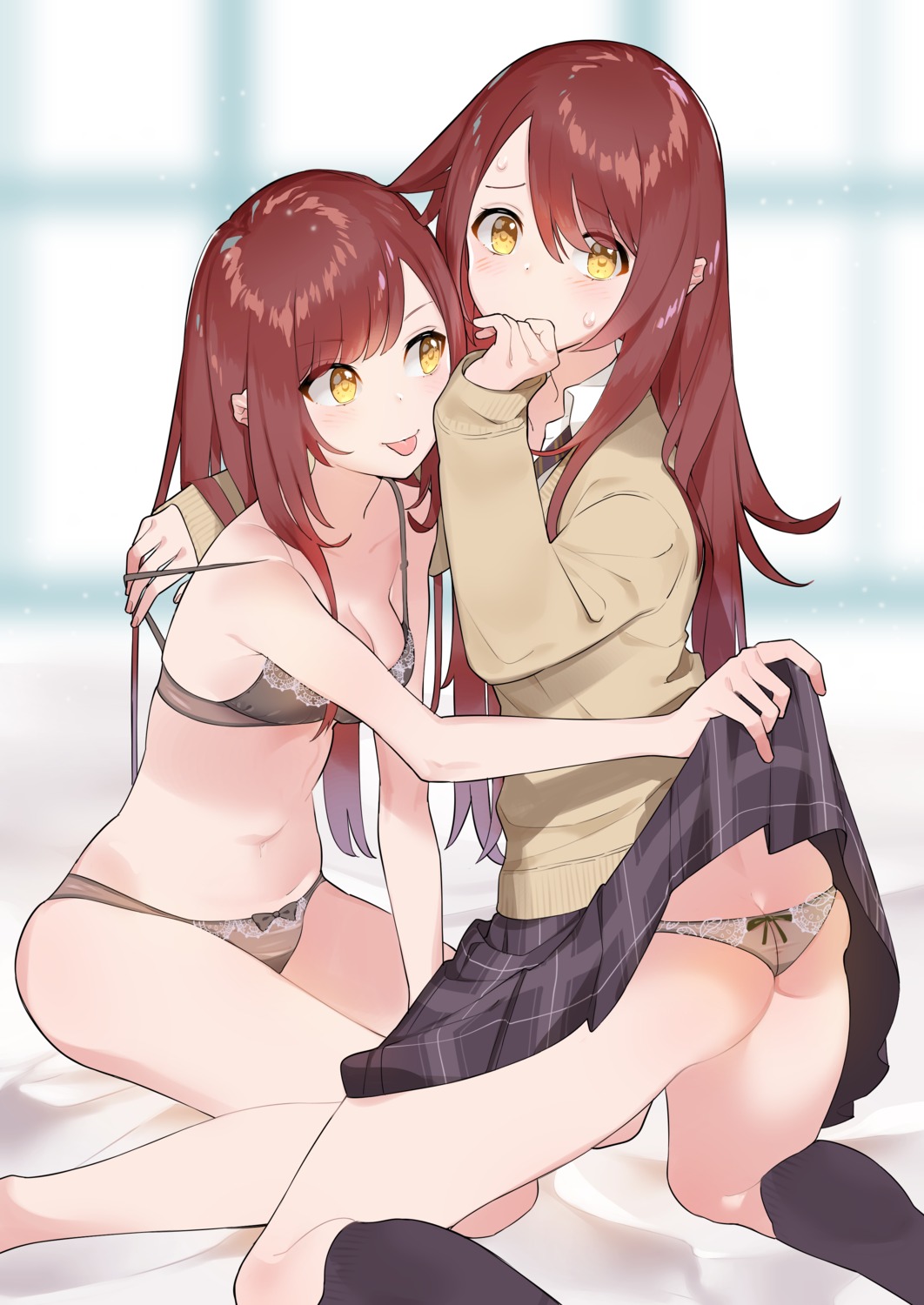 ass bra cleavage omucchan_(omutyuan) oosaki_amana oosaki_tenka pantsu seifuku skirt_lift sweater the_idolm@ster the_idolm@ster_shiny_colors undressing yuri