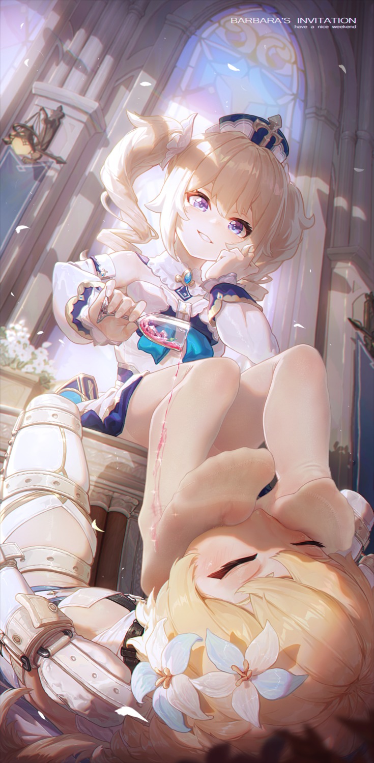 barbara_(genshin_impact) bondage dress feet garter genshin_impact icecake lumine pantyhose wet yuri