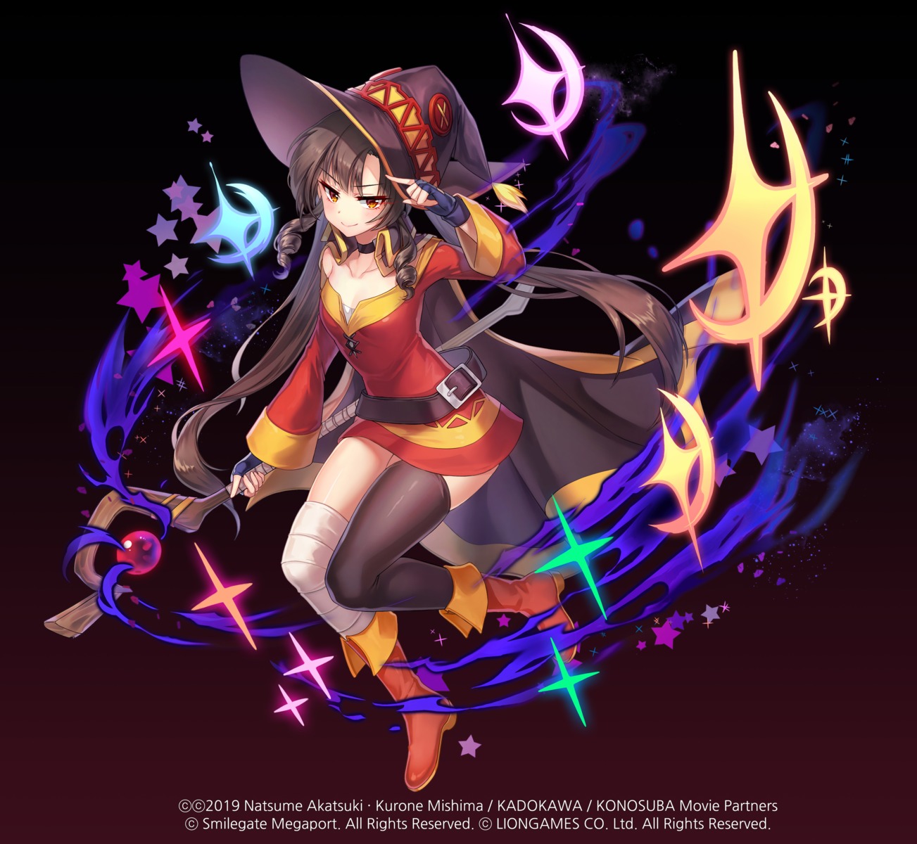 bandages cosplay dress kono_subarashii_sekai_ni_shukufuku_wo! kyjsogom megumin no_bra soul_worker thighhighs weapon witch