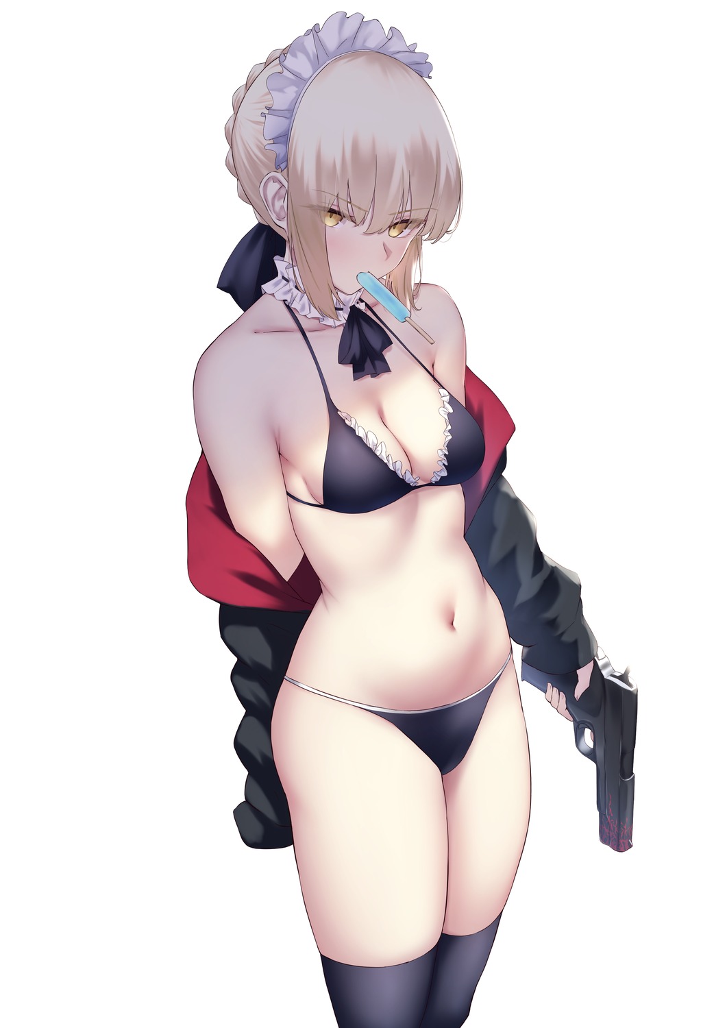 bikini fate/grand_order gun okuma707 open_shirt saber saber_alter swimsuits thighhighs