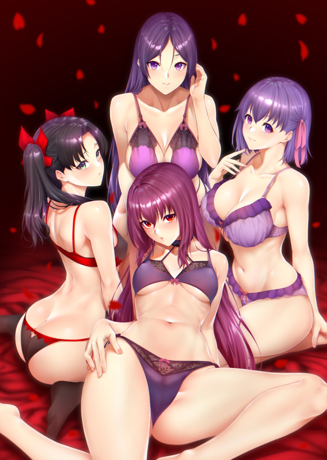 ass bra cameltoe erect_nipples fate/grand_order fate/stay_night lingerie matou_sakura minamoto_no_raikou_(fate/grand_order) pantsu scathach_(fate/grand_order) string_panties thighhighs toosaka_rin zucchini