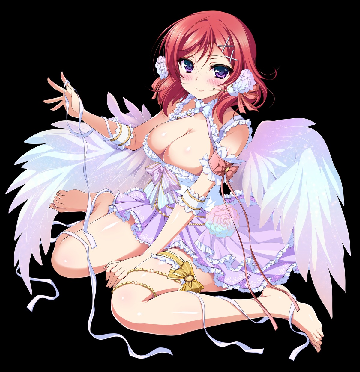 angel dress garter love_live! ninoko nishikino_maki no_bra wings