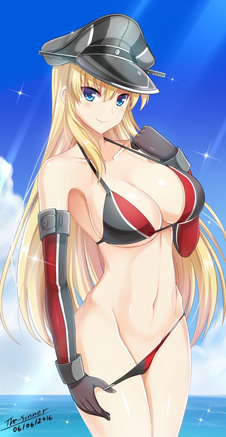 bikini bismarck_(kancolle) cleavage kantai_collection panty_pull swimsuits the-sinner underboob undressing