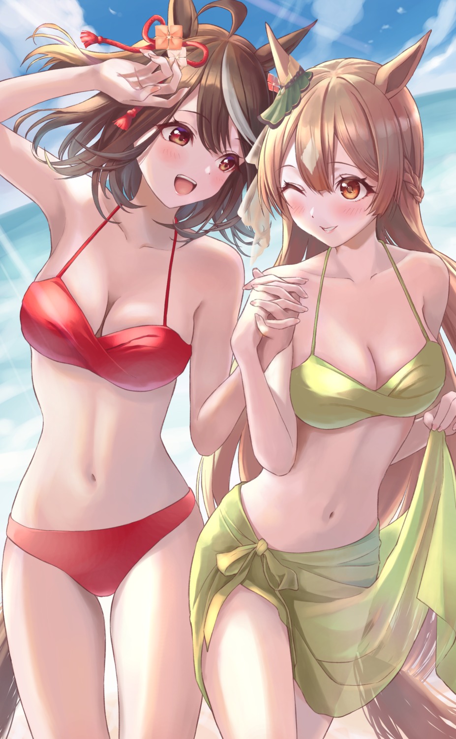 animal_ears bikini huziko32 kitasan_black_(umamusume) satono_diamond_(umamusume) see_through skirt_lift swimsuits tail uma_musume_pretty_derby