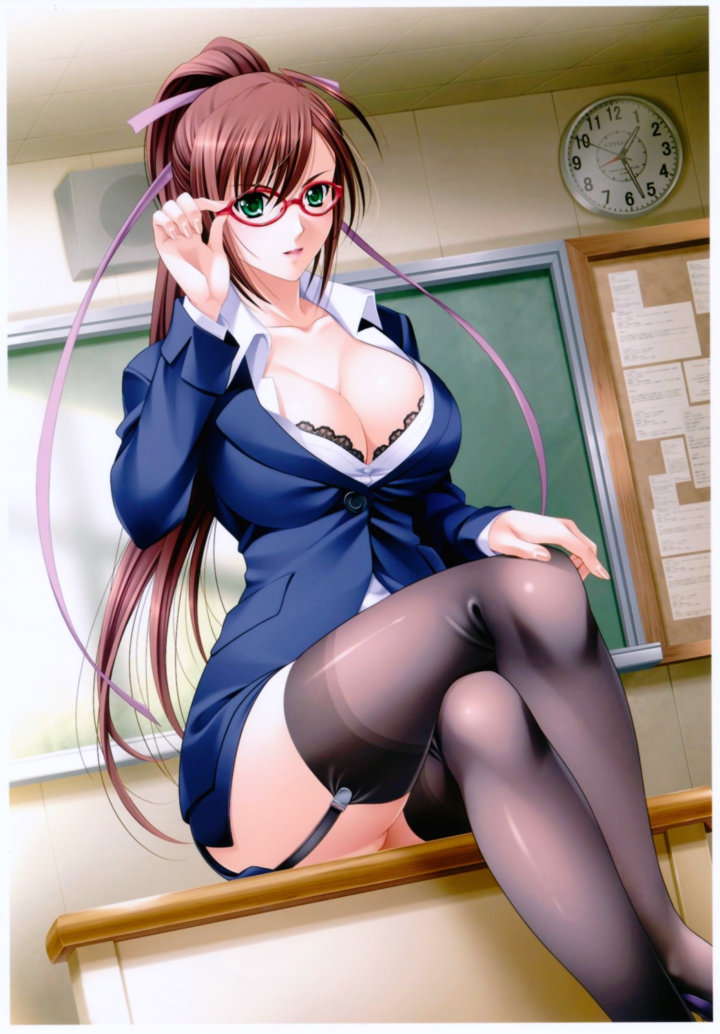 bra business_suit cleavage higami_hideo ikutaka_kumiko megane potage ryoshuu_jokyoushi_~nikuyoku_no_houkago~ stockings thighhighs