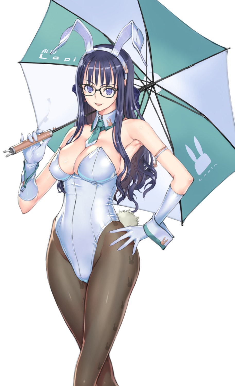 animal_ears bunny_ears bunny_girl megane no_bra no_reason pantyhose tail umbrella