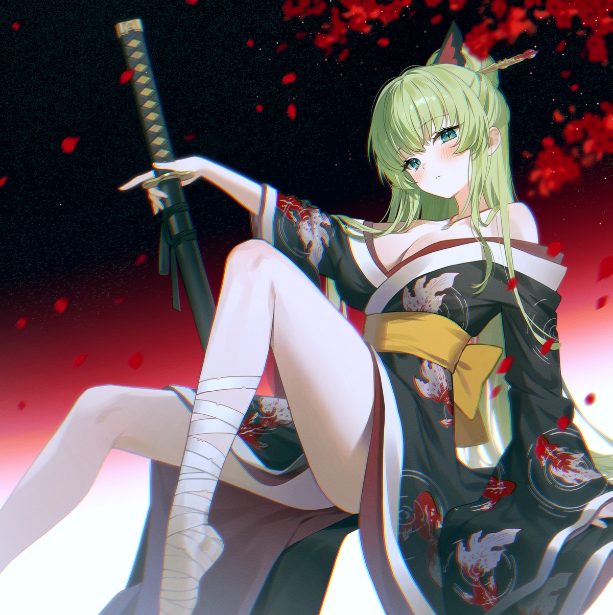 bandages fymrie no_bra open_shirt skirt_lift sword yukata