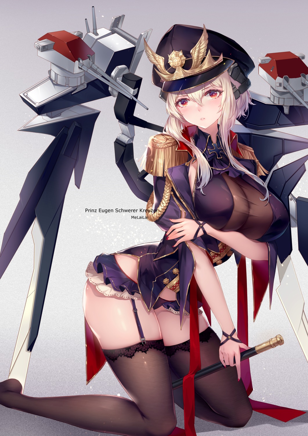 blue_oath breast_hold melailai no_bra pantsu prinz_eugen_(blue_oath) see_through stockings thighhighs uniform weapon wings