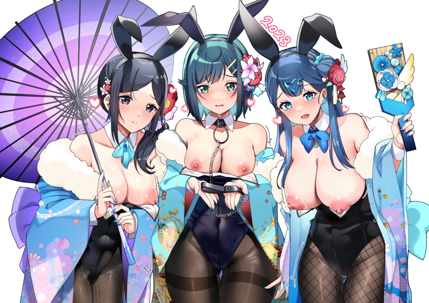 animal_ears breasts bunny_ears bunny_girl delicious_party_precure fishnets fuwa_kokone healin'_good_precure hugtto!_precure kimono nipples no_bra pantyhose rumo sawaizumi_chiyu umbrella yakushiji_saaya