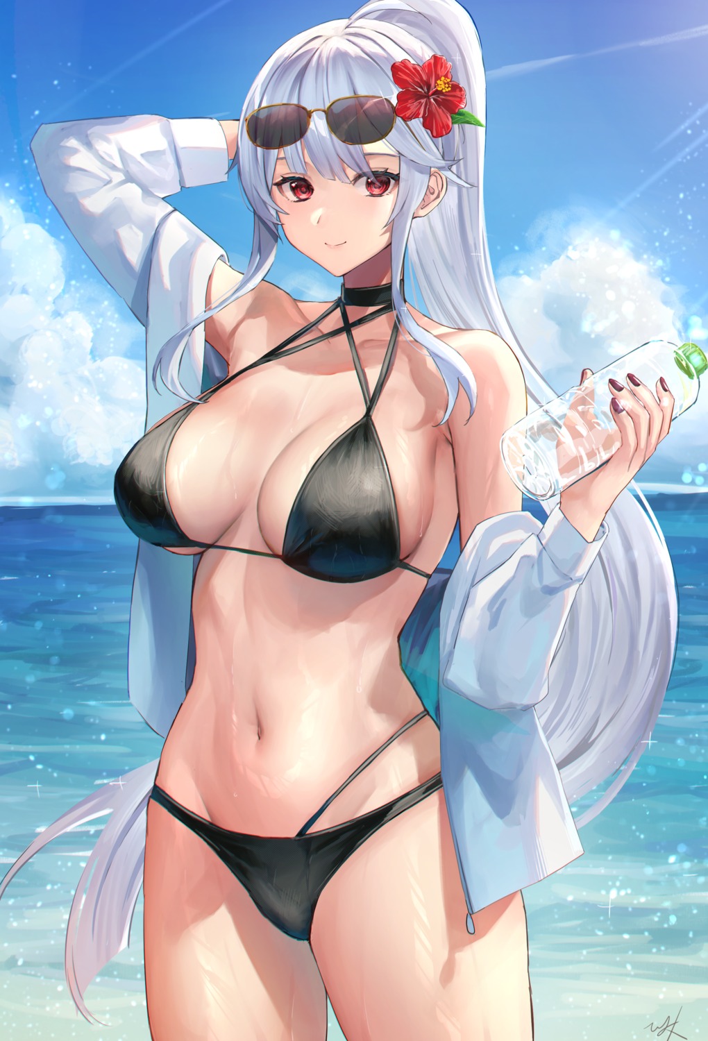 bikini hitomin_(ksws7544) megane open_shirt swimsuits