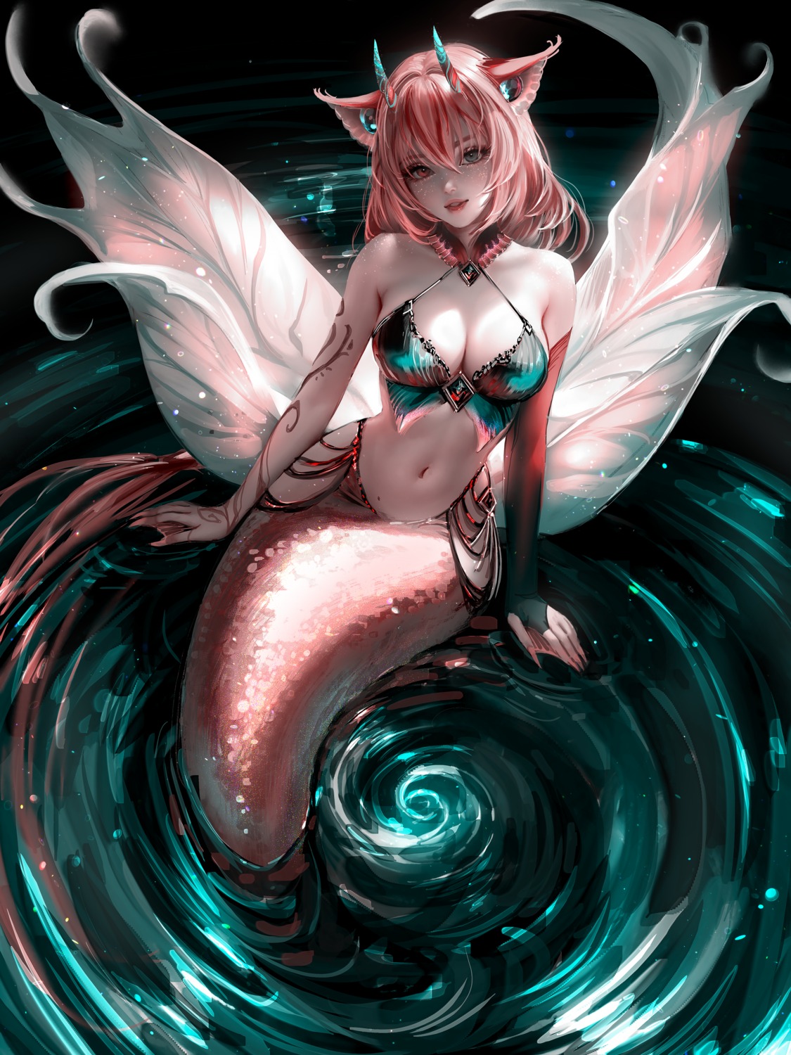 animal_ears heterochromia horns mermaid monster_girl nekomimi nixeu no_bra tail tattoo wet wings