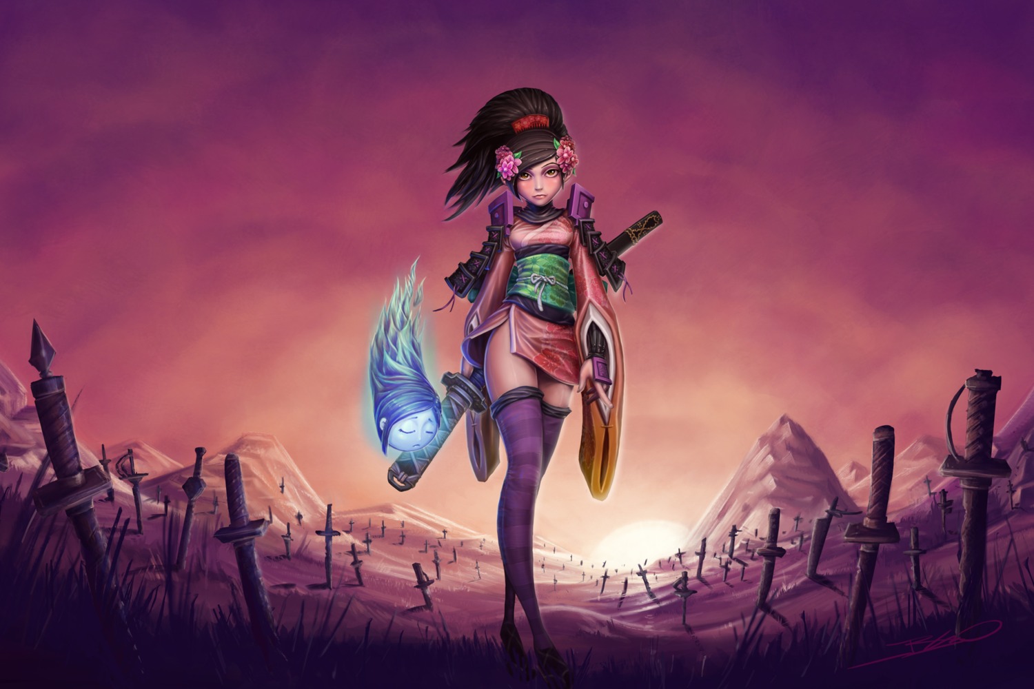 armor japanese_clothes jeff_bellio landscape momohime_(muramasa) oboro_muramasa sword thighhighs