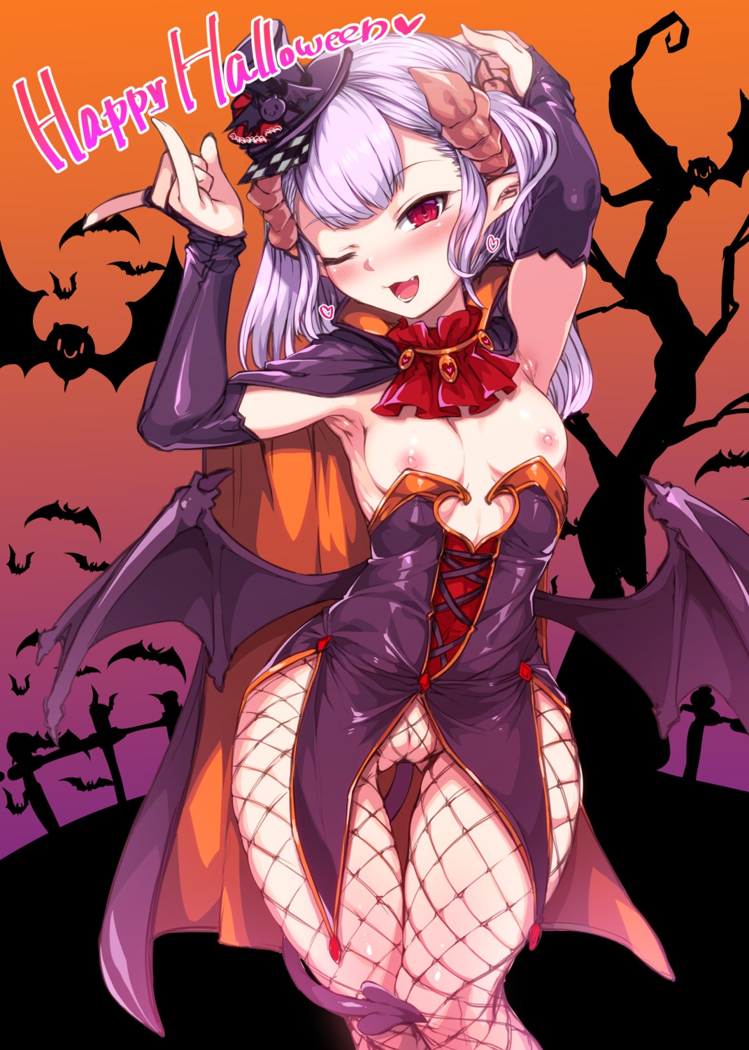 breasts fishnets halloween harigane_shinshi horns nipples no_bra pantyhose pointy_ears pubic_hair pussy tail uncensored wings