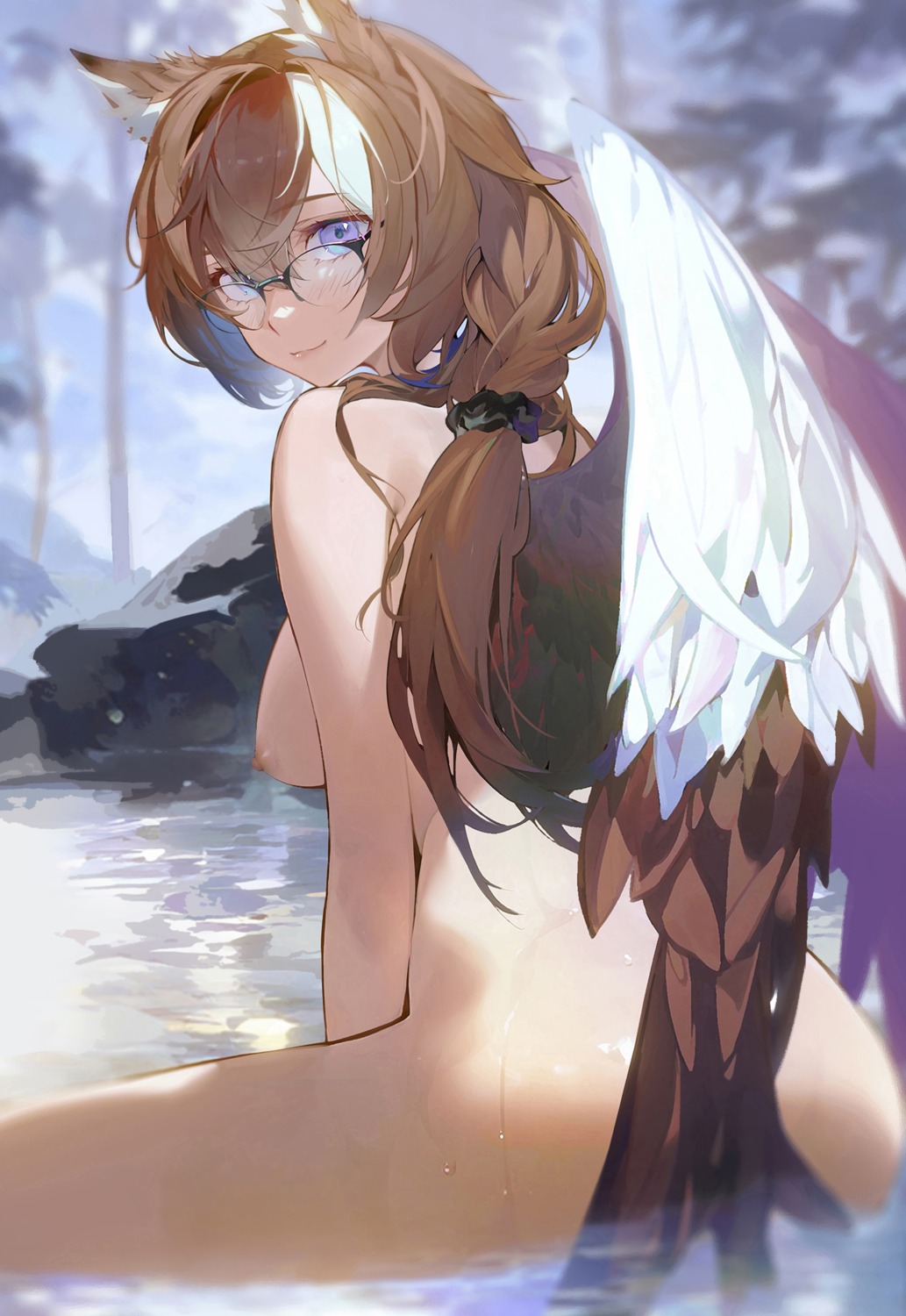 animal_ears artist_revision drive_shot megane naked nipples onsen wet wings