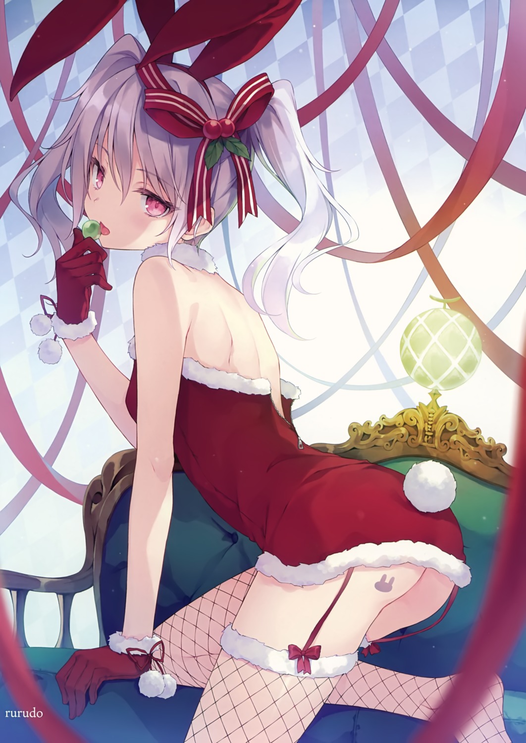 animal_ears ass bunny_ears christmas fishnets nopan rurudo stockings tail tattoo thighhighs