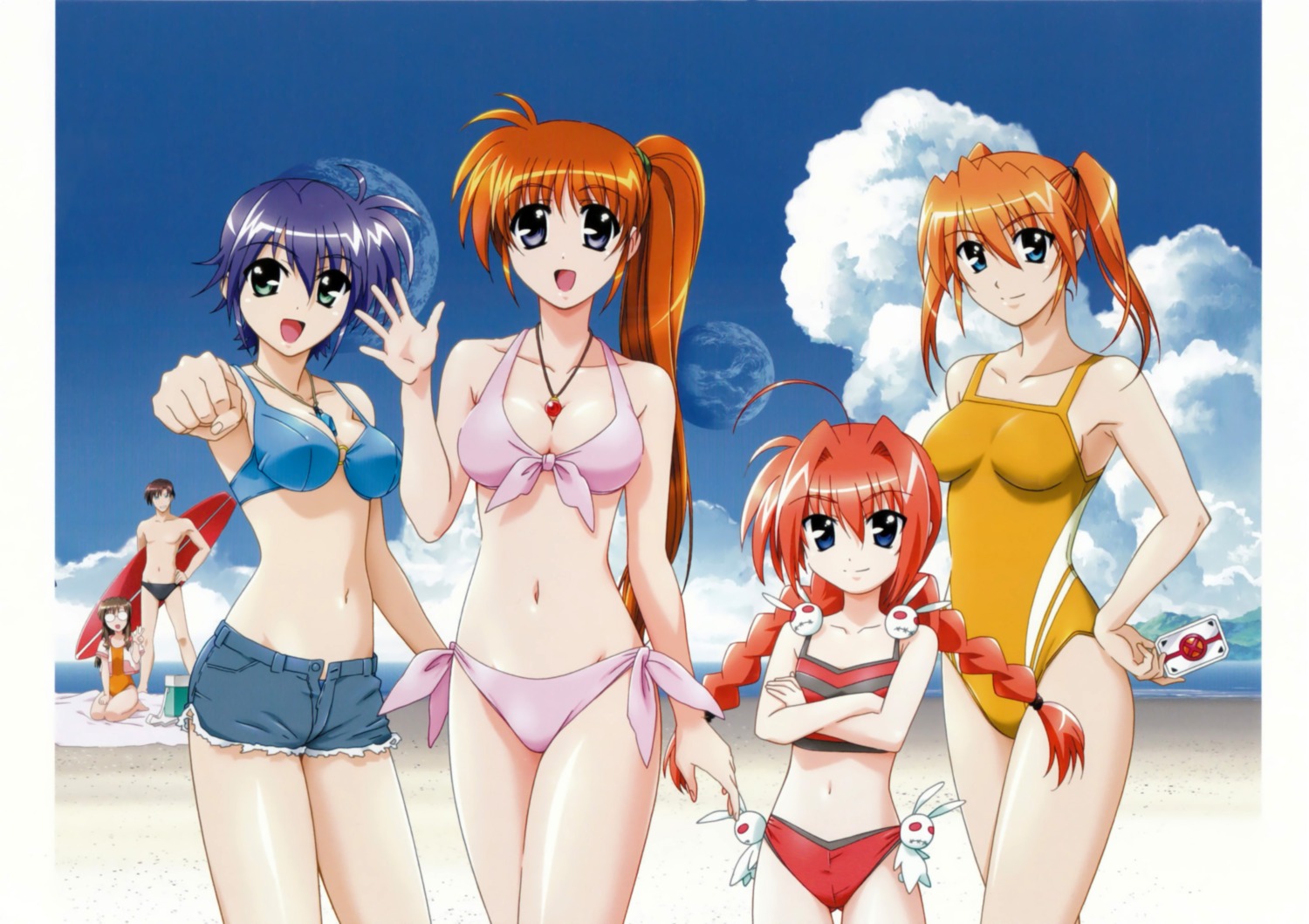 bikini cleavage mahou_shoujo_lyrical_nanoha mahou_shoujo_lyrical_nanoha_strikers megane okuda_yasuhiro shario_finieno subaru_nakajima swimsuits takamachi_nanoha teana_lanster vice_granscenic vita