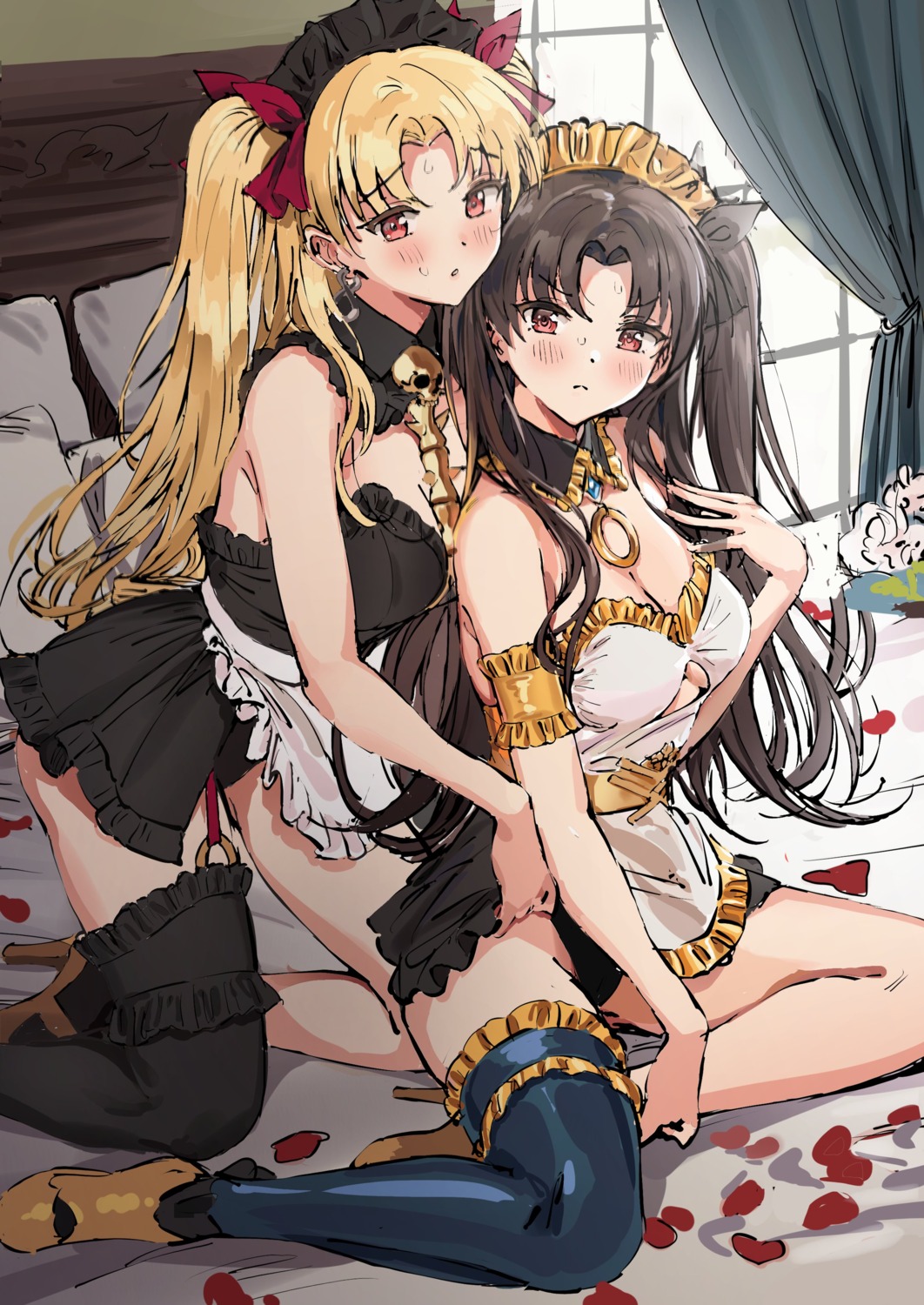 ameyame cleavage ereshkigal_(fate/grand_order) fate/grand_order garter heels ishtar_(fate/grand_order) maid pantsu skirt_lift stockings thighhighs yuri