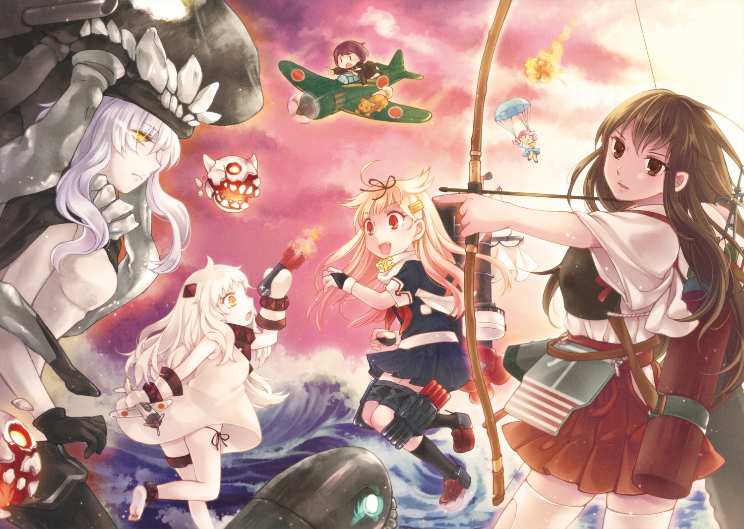 akagi_(kancolle) fairy_(kancolle) fuuka_(fukasheu) i-class_destroyer kantai_collection northern_ocean_hime pantsu reppuu string_panties thighhighs weapon wo-class_aircraft_carrier yuudachi_(kancolle)