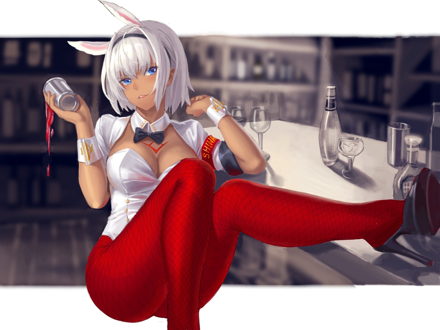 animal_ears bunny_ears bunny_girl caenis_(fate/grand_order) fate/grand_order fishnets heels kafkasea no_bra pantyhose tattoo