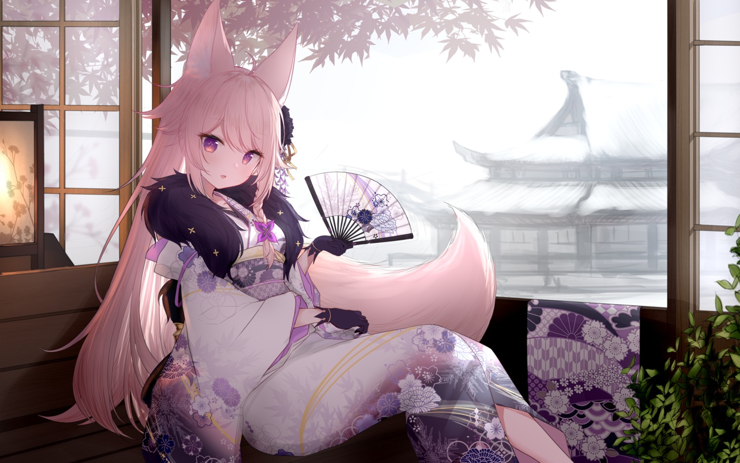 animal_ears guo582 kimono kitsune tail wallpaper