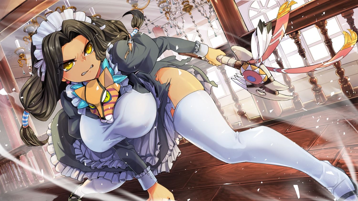 maid michihisa! skirt_lift thighhighs torn_clothes wallpaper weapon
