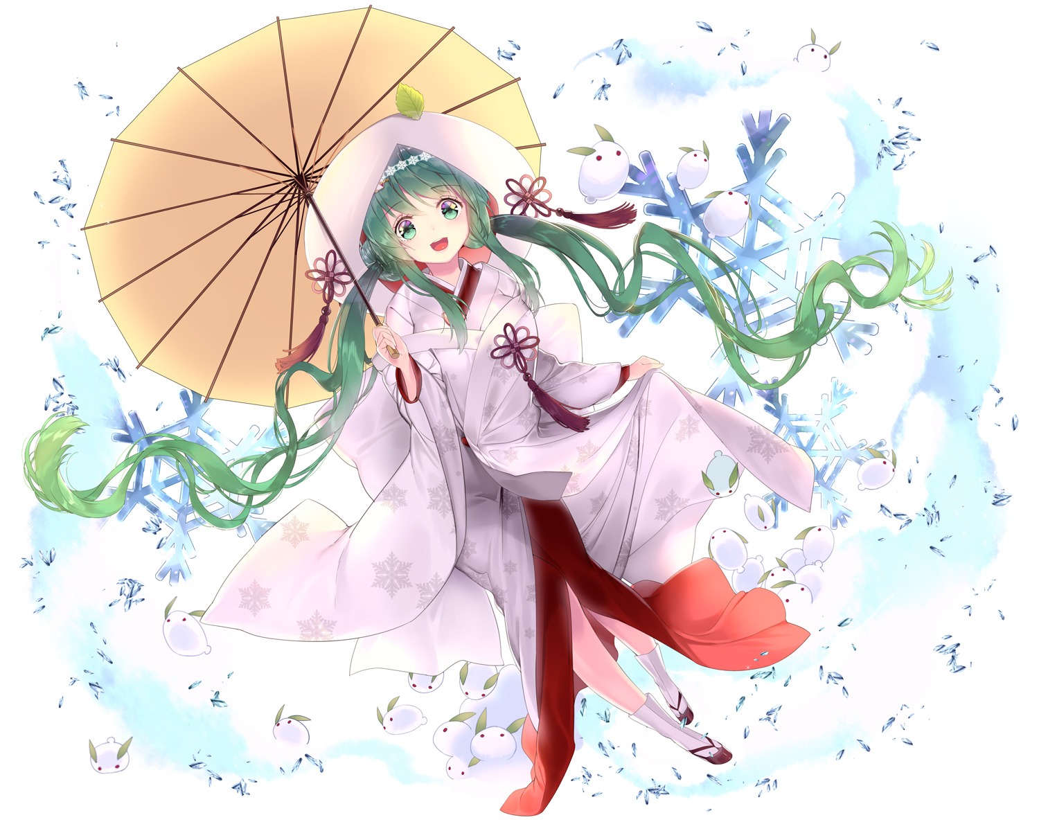 hatsune_miku kimono rozer umbrella vocaloid yuki_miku