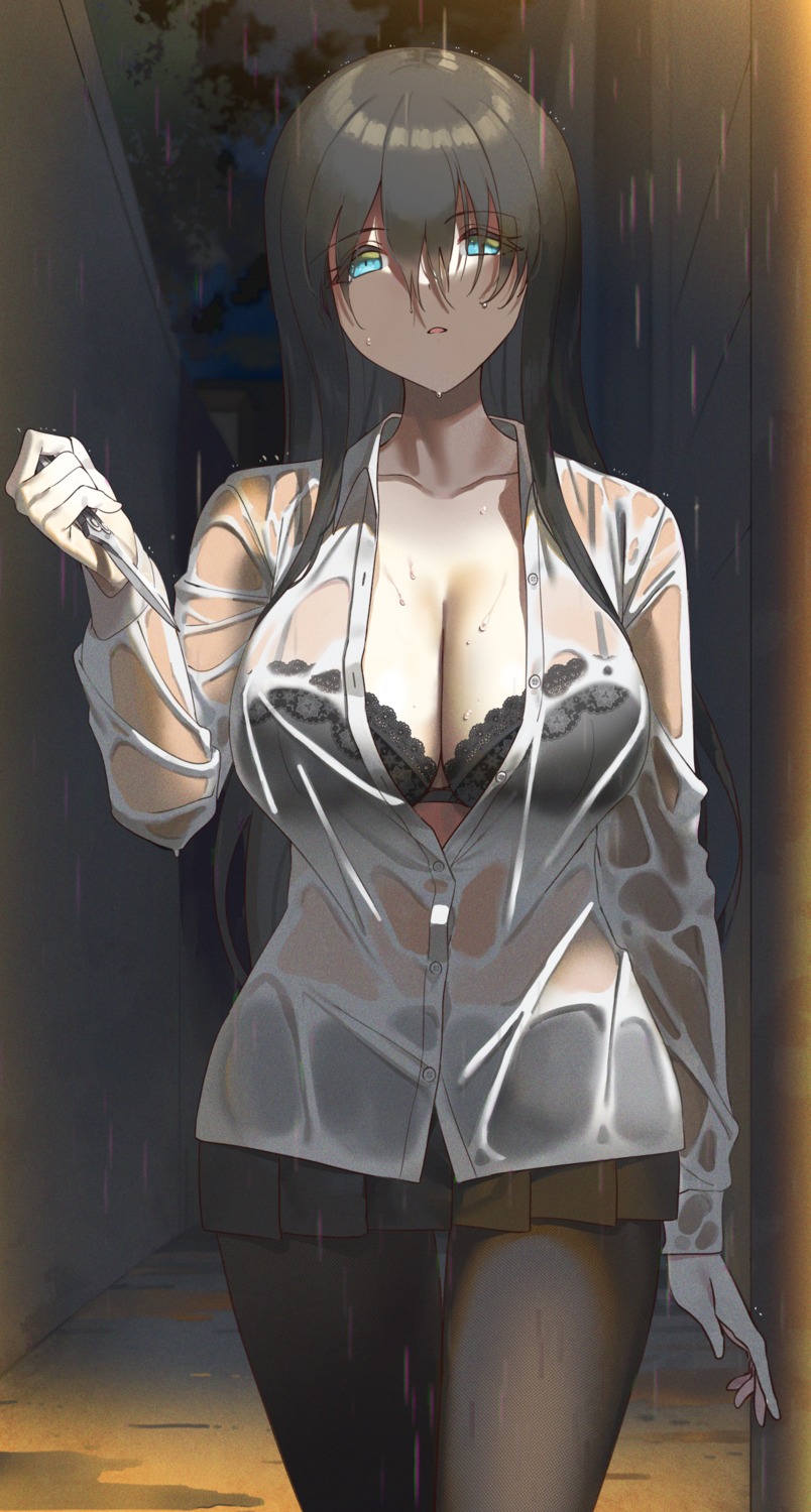 bra cleavage electriccross pantyhose see_through seifuku weapon wet wet_clothes