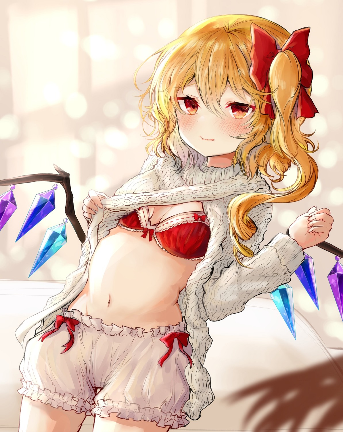 bloomers bra cleavage flandre_scarlet open_shirt sweater touhou undressing wings yuma_(yuuma_pants)