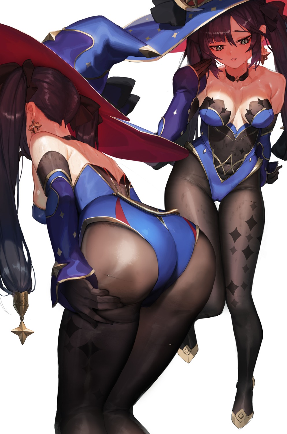 ass genshin_impact mona_megistus no_bra pantyhose tunamayo_(dsasd751) witch