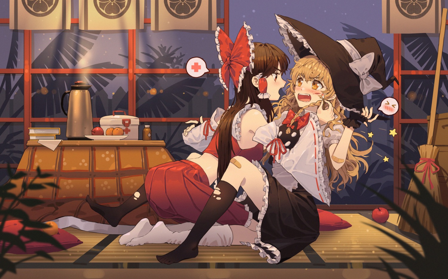 bandaid hakurei_reimu jira kirisame_marisa skirt_lift torn_clothes touhou witch yuri