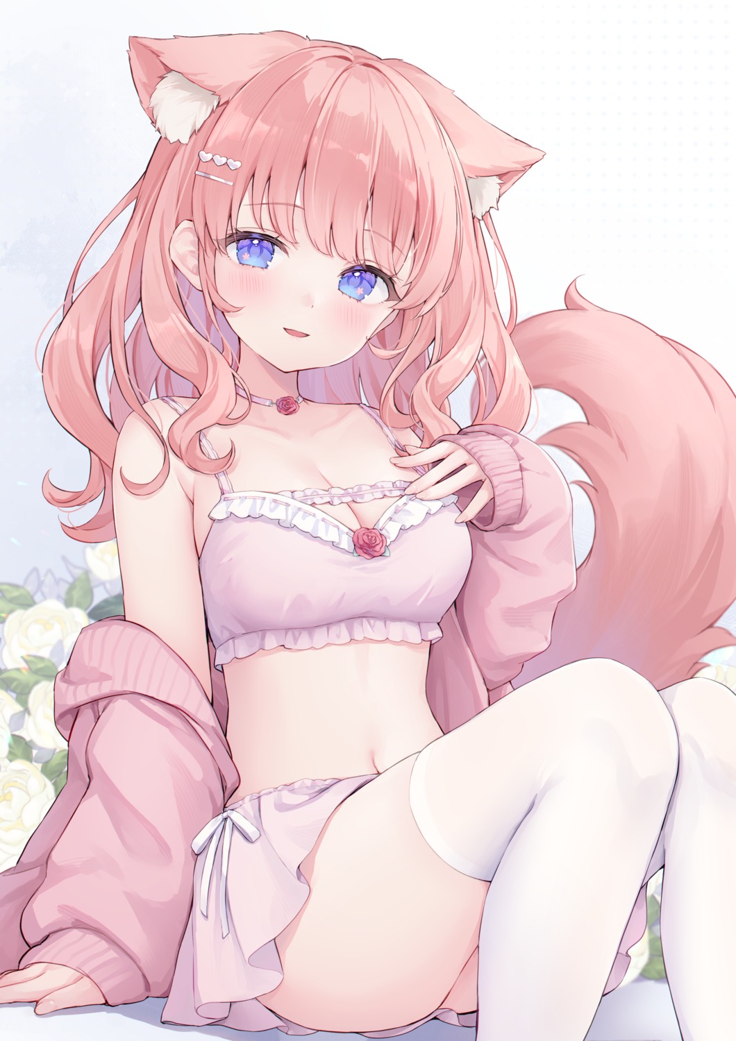 animal_ears bra cleavage hoshitsuki_neiro indie_virtual_youtuber open_shirt pajama shano_hiyori skirt_lift tail thighhighs