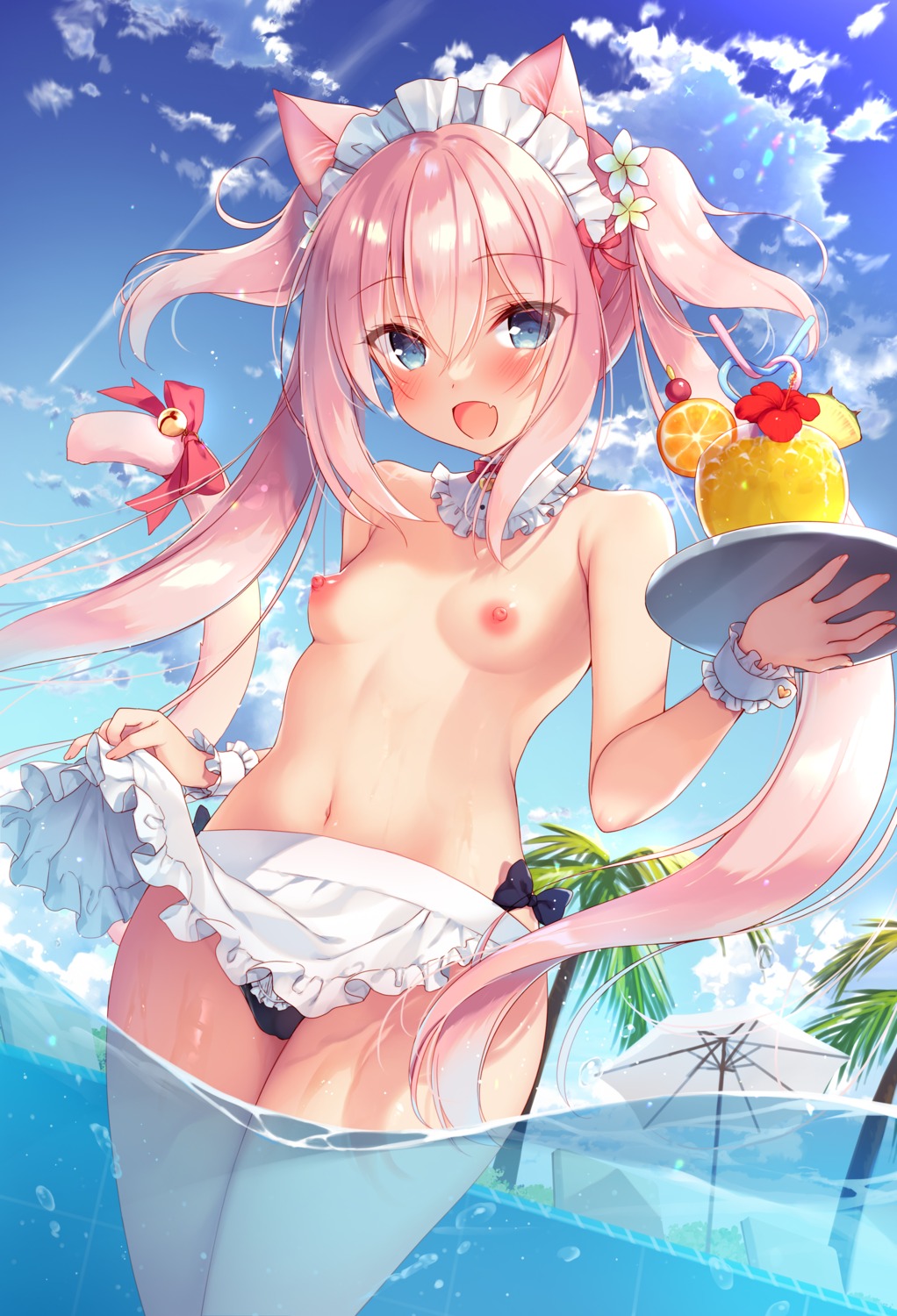 23.4° animal_ears bikini boku_no_risou_no_isekai_seikatsu cameltoe ichiri maid misia_(ichiri) nekomimi nipples skirt_lift swimsuits topless wet