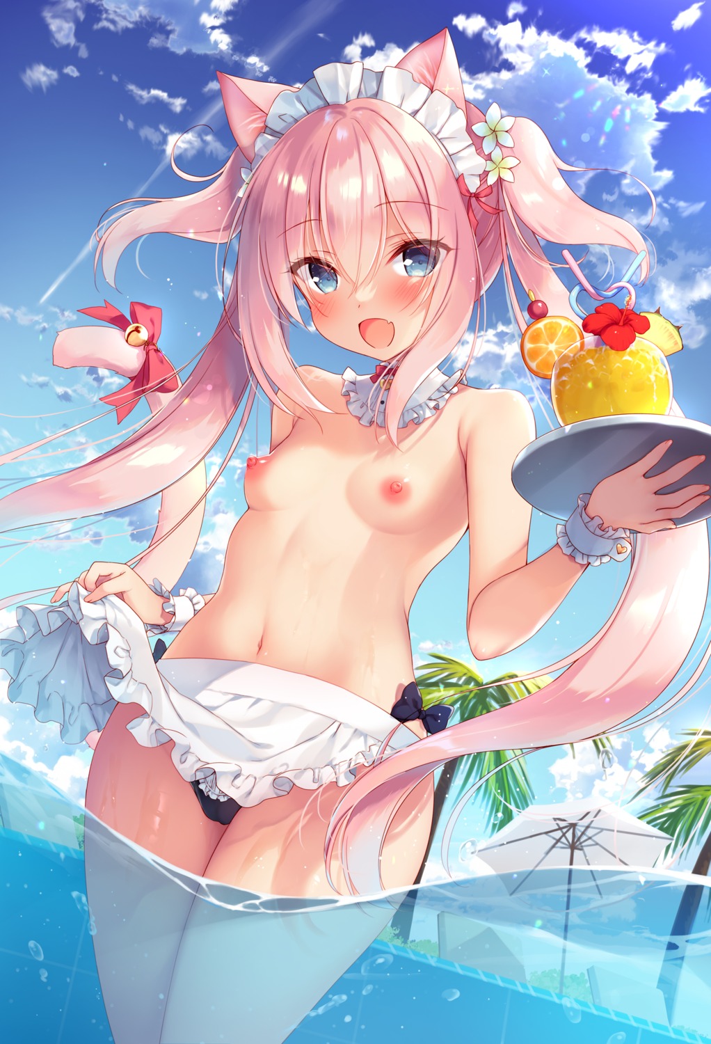 animal_ears bikini boku_no_risou_no_isekai_seikatsu cameltoe ichiri maid misia_(ichiri) nekomimi nipples skirt_lift swimsuits topless wet