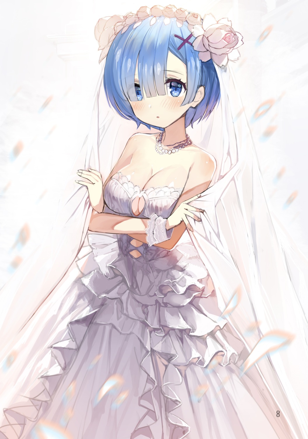 breast_hold cleavage dress gaou_(matsulatte) macaron_taitei re_zero_kara_hajimeru_isekai_seikatsu rem_(re_zero) wedding_dress