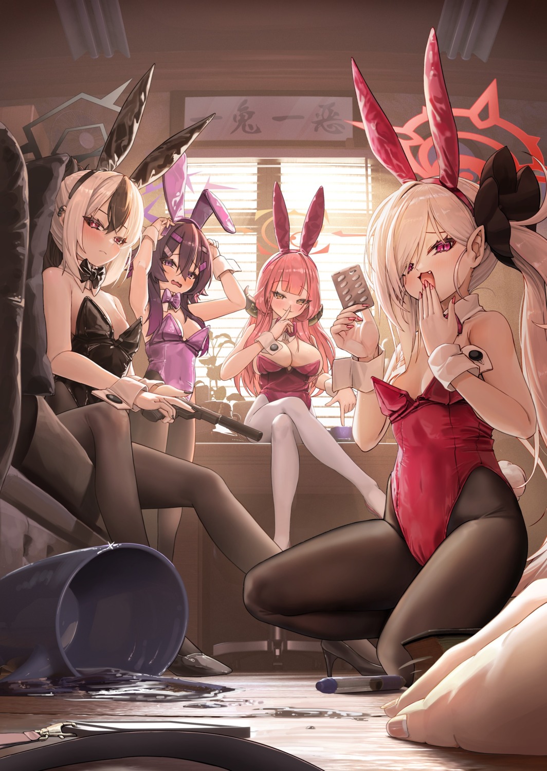 alex_shiang animal_ears asagi_mutsuki blue_archive bunny_ears bunny_girl gun halo heels horns igusa_haruka loli no_bra onikata_kayoko pantyhose pointy_ears rikuhachima_aru tail