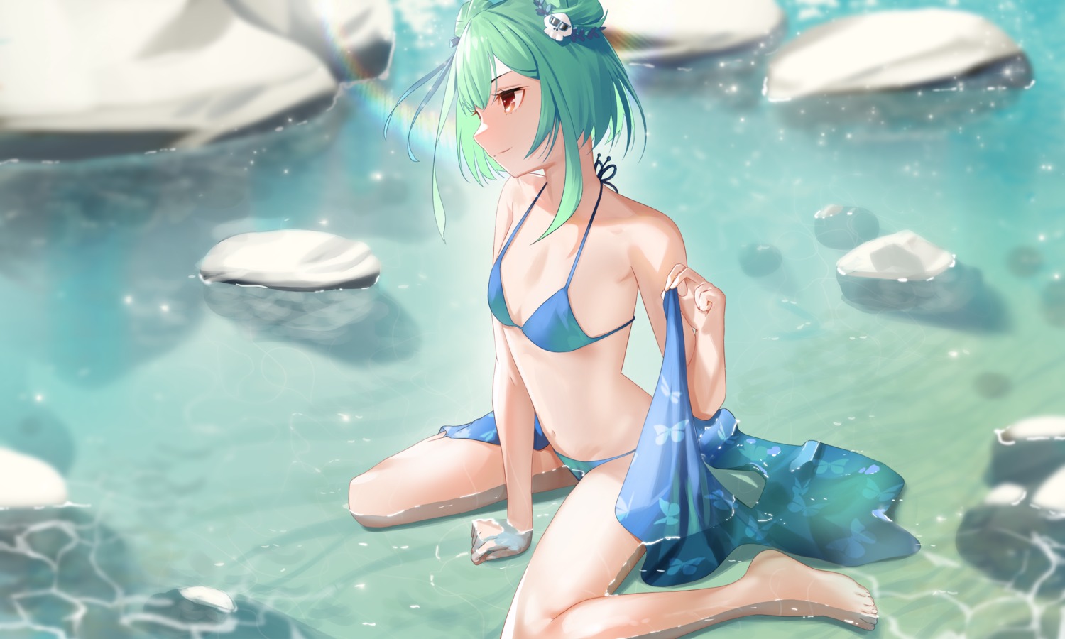 bikini cleavage hololive kuroi_enpitsu swimsuits uruha_rushia wet