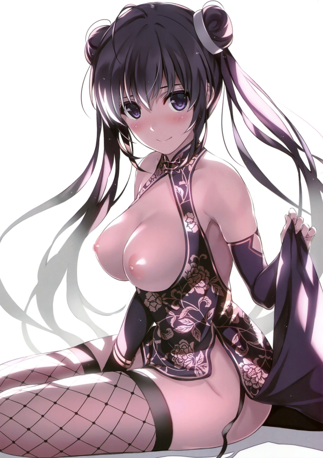 breasts chinadress comic_aun detexted fishnets misaki_kurehito nipples no_bra nopan open_shirt skirt_lift thighhighs tougetsu_matsuri