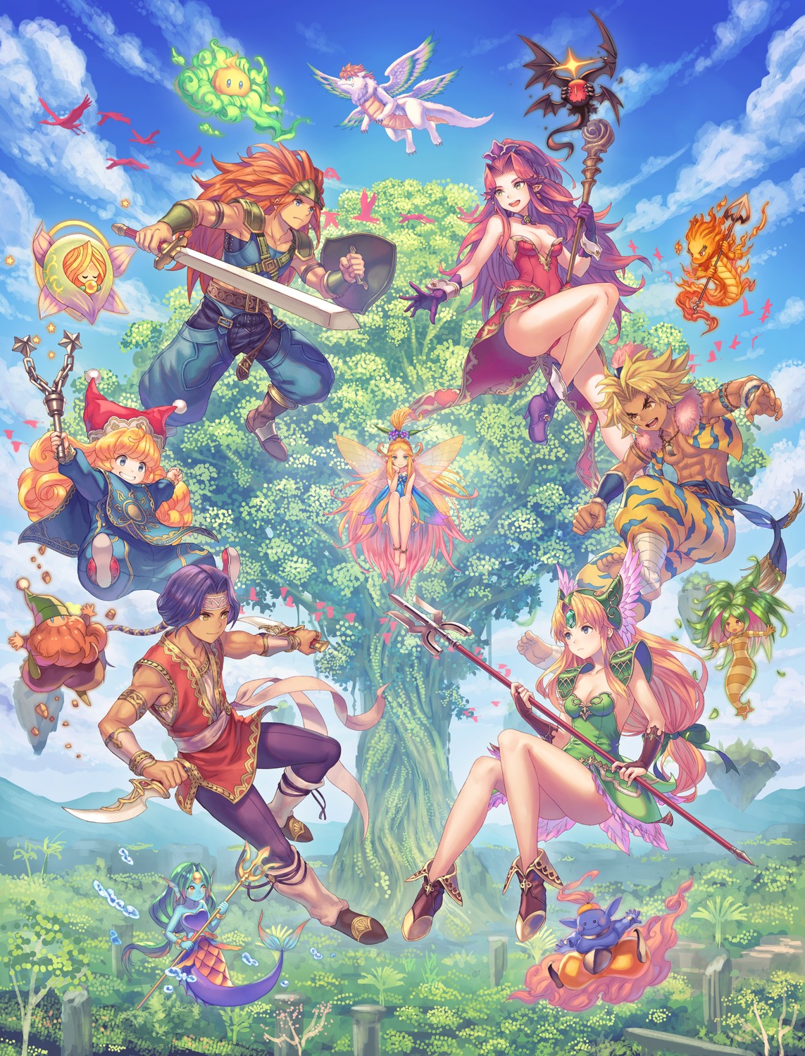 anbe_yoshirou angela_(seiken_densetsu_3) armor charlotte_(seiken_densetsu_3) cleavage dress duran_(seiken_densetsu_3) hawkeye_(seiken_densetsu_3) leotard mermaid monster monster_girl no_bra riesz seiken_densetsu seiken_densetsu_3 tail weapon