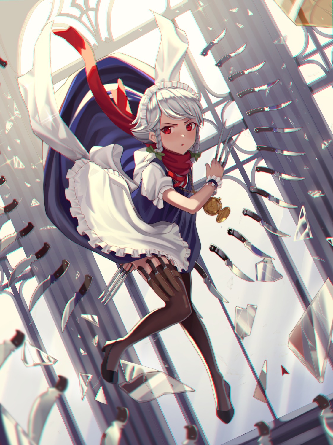 goback heels izayoi_sakuya maid skirt_lift thighhighs touhou weapon