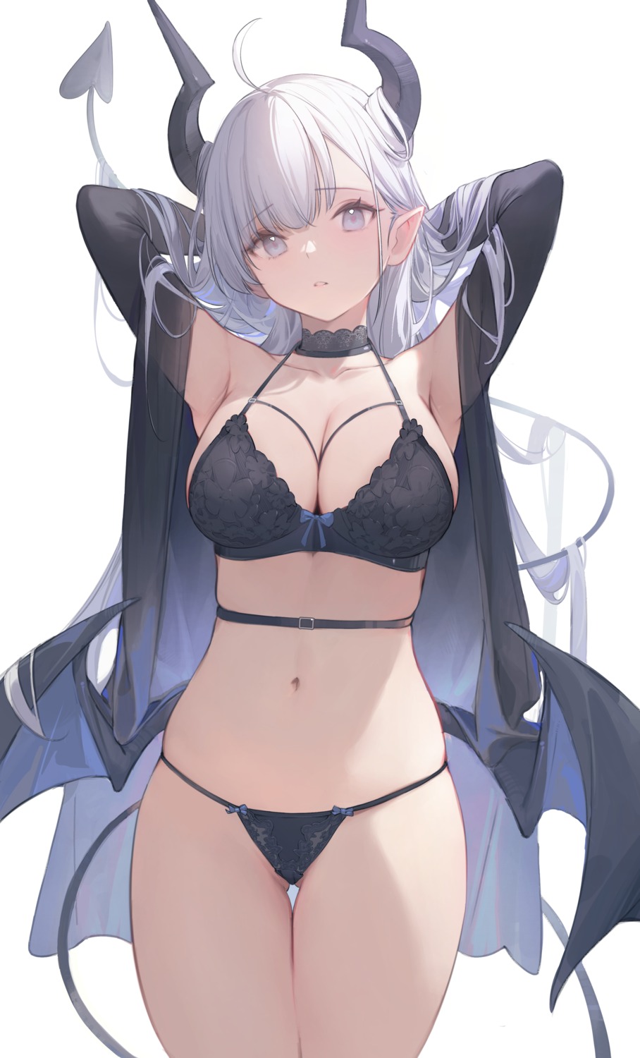 artist_revision bra cleavage horns nekojira open_shirt pointy_ears tail thea_(nekojira) thong wings