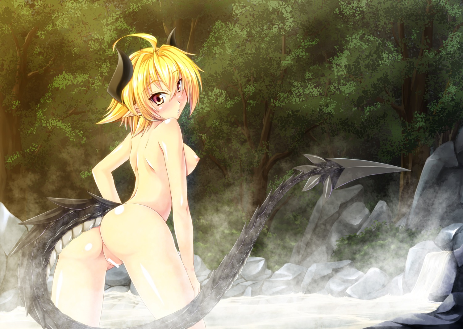 ass censored gekato horns naked nipples onsen pointy_ears pussy tail wet