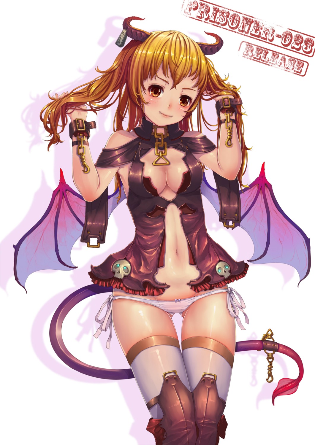 cleavage devil fangxiang_cuoluan horns pantsu string_panties tail thighhighs wings